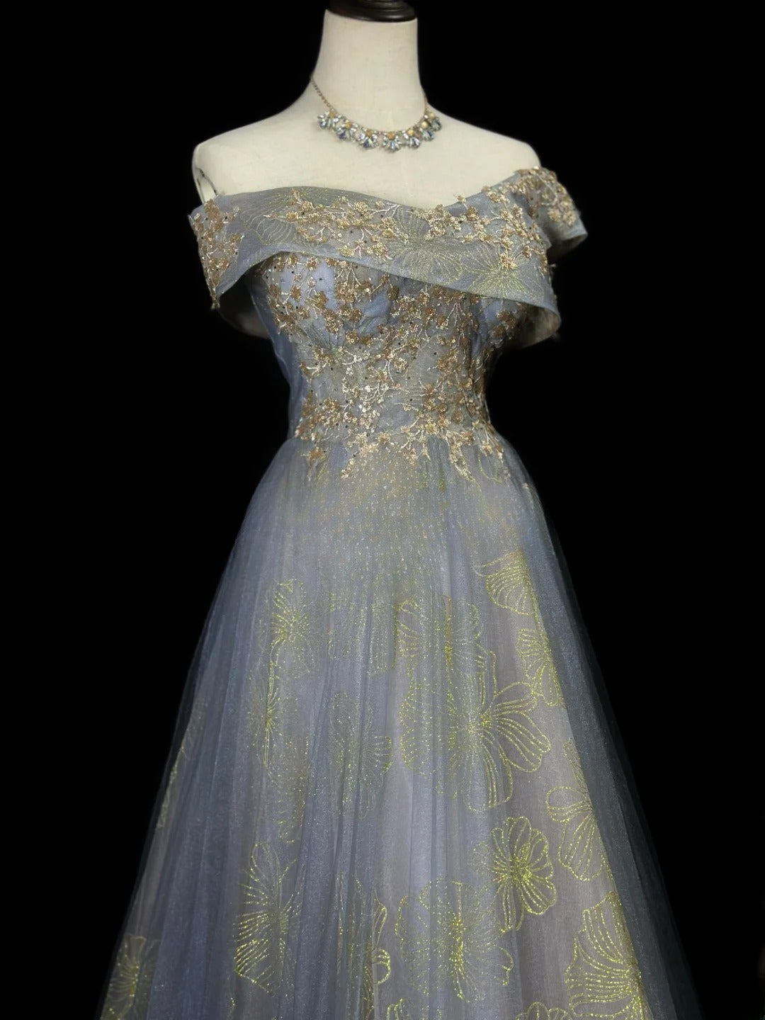 Modest Prom Dresses A Line Off The Shoulder Gold Lace With Sleeves Sequin Long Formal Outfits RB6020
