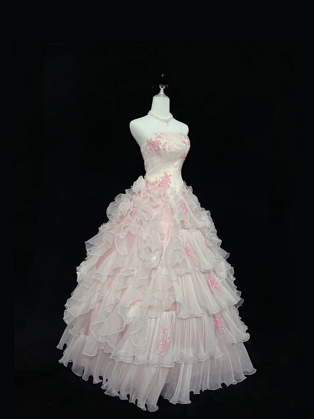 Dreamy Ball Gowns Strapless Pink With Tiered Layers Tulle Long Prom Dresses Senior Puffy Sweet 16 Sixteen Outfit Vestido de 15 RB7620