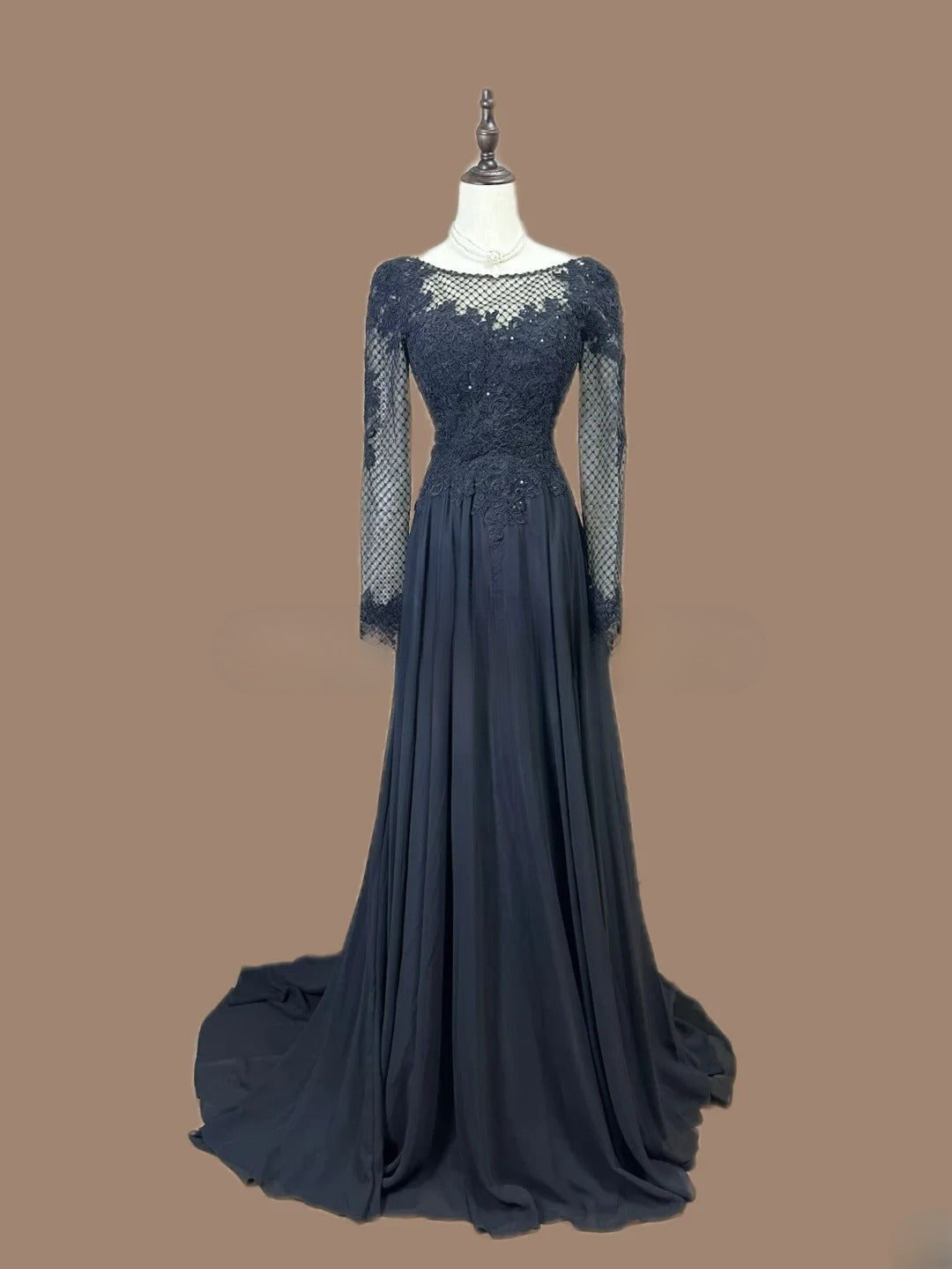 Modest Prom Dresses A Line Scoop Navy Blue Chiffon Lace With Sleeves Long Formal Outfits RB6021