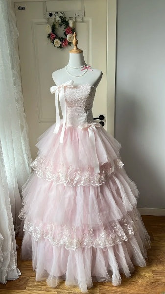 Sweet 15 Quinceanera Dress Ball Gown Strapless Pink With Tiered Layers Tulle Long 15th Birthday Outfits RC0578
