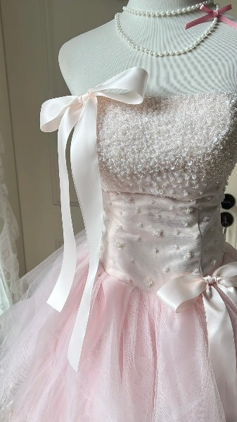 Sweet 15 Quinceanera Dress Ball Gown Strapless Pink With Tiered Layers Tulle Long 15th Birthday Outfits RC0578