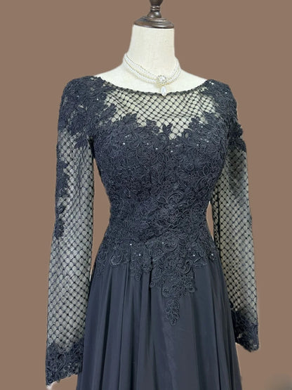 Modest Prom Dresses A Line Scoop Navy Blue Chiffon Lace With Sleeves Long Formal Outfits RB6021