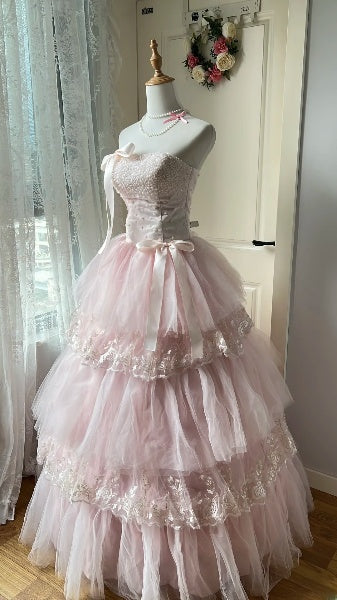 Sweet 15 Quinceanera Dress Ball Gown Strapless Pink With Tiered Layers Tulle Long 15th Birthday Outfits RC0578