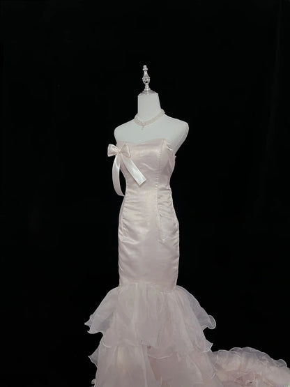 Beautiful Mermaid Strapless Pink With Tiered Layers Prom Dress Formal Outfits Evening Night Dresses RB7621
