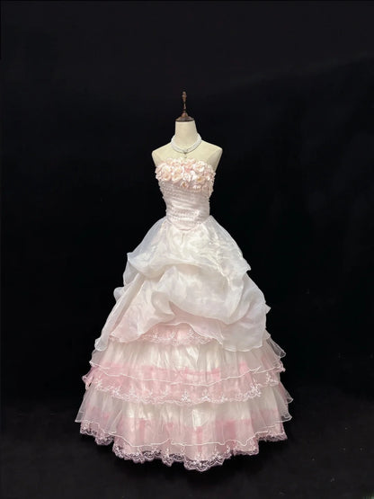 Dreamy Ball Gowns Strapless Pink With Tiered Layers Flowers Long Prom Dresses Senior Puffy Sweet 16 Sixteen Outfit Vestido de 15 RB7622