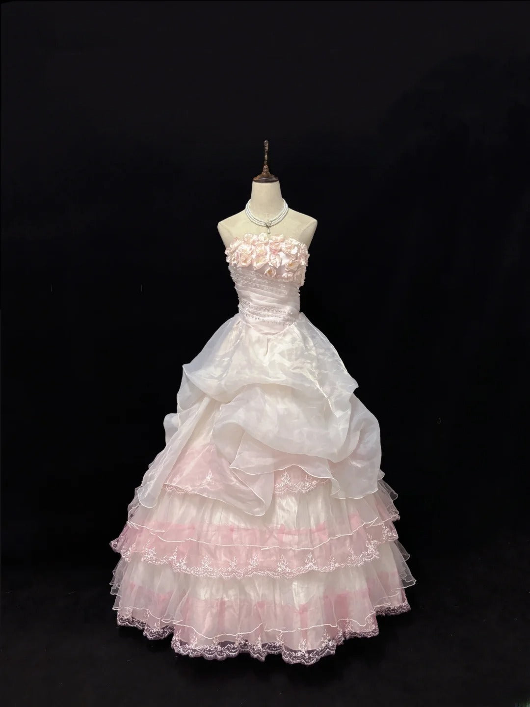 Dreamy Ball Gowns Strapless Pink With Tiered Layers Flowers Long Prom Dresses Senior Puffy Sweet 16 Sixteen Outfit Vestido de 15 RB7622
