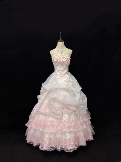 Dreamy Ball Gowns Strapless Pink With Tiered Layers Flowers Long Prom Dresses Senior Puffy Sweet 16 Sixteen Outfit Vestido de 15 RB7622