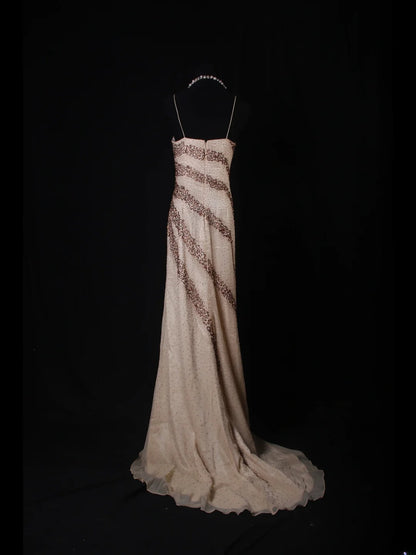 Robe de bal vintage années 50, bretelles spaghetti, coupe trapèze, mousseline champagne, longue, élégante, AS223