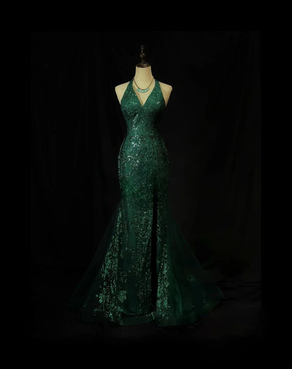 Beautiful Prom Dresses Mermaid Halter Dark Green Sequin With Backless Long Formal Outfits RB6022