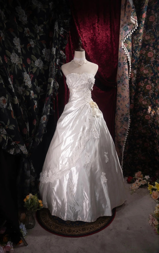 Hübsches schulterfreies Ballkleid aus weißer Spitze, 2000er-Jahre, mit Applikationen, langes Brautkleid für Herbst/Winter, Hochzeitskleider RB8496