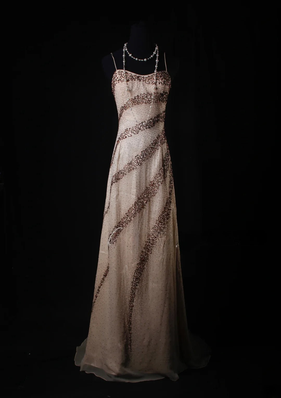 Robe de bal vintage années 50, bretelles spaghetti, coupe trapèze, mousseline champagne, longue, élégante, AS223