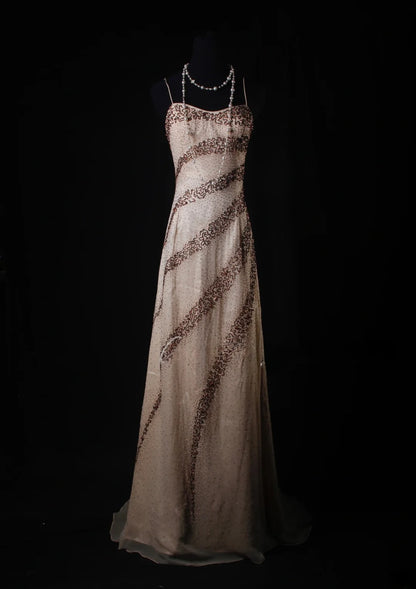 Robe de bal vintage années 50, bretelles spaghetti, coupe trapèze, mousseline champagne, longue, élégante, AS223