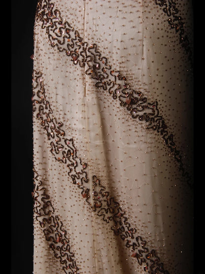Robe de bal vintage années 50, bretelles spaghetti, coupe trapèze, mousseline champagne, longue, élégante, AS223