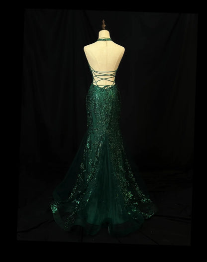 Beautiful Prom Dresses Mermaid Halter Dark Green Sequin With Backless Long Formal Outfits RB6022