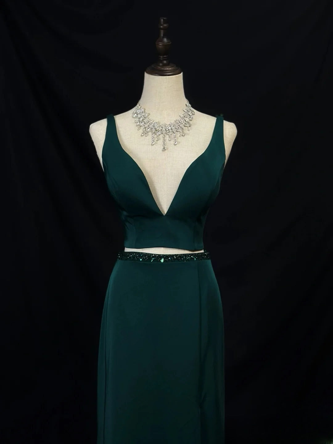 Beautiful Prom Dresses Mermaid 2 Pieces Straps Dark Green Satin With Beading Long Formal Outfits RB6023