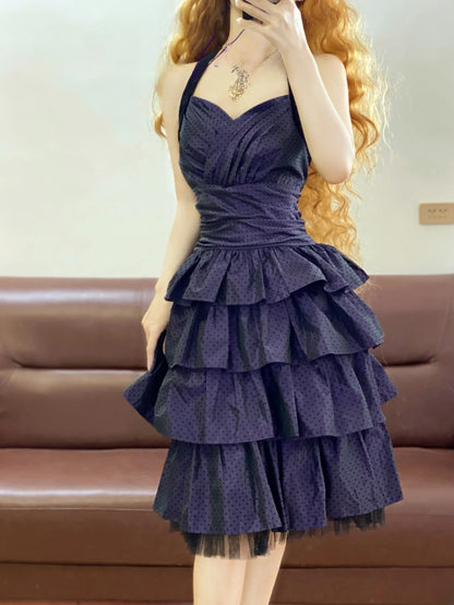 Cute Ball Gown Halter Navy Blue Polka Dots Knee Length Party Dresses Homecoming Cocktail Gown RB9148