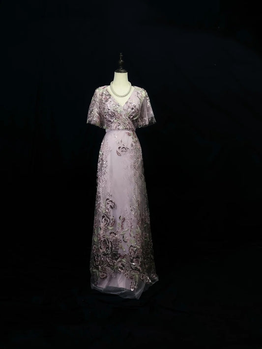 Vintage 90s Prom Dresses A Line V Neck Lilac Sequined With Half Sleeves Long Party Gown Formal Outfits RB6025