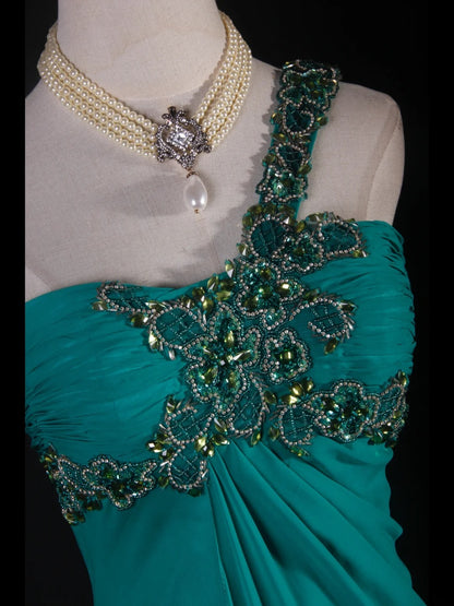 Robe de bal vintage années 1950, coupe trapèze, une épaule dénudée, en mousseline bleue, longue et élégante (AS227)
