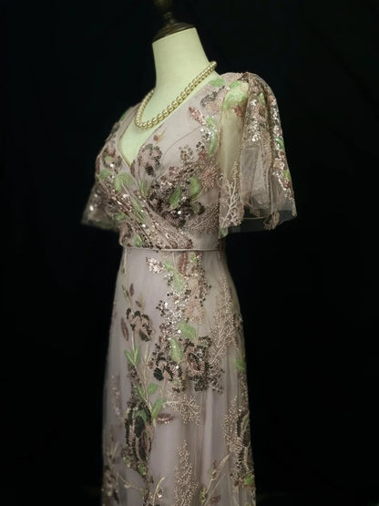 Vintage 90s Prom Dresses A Line V Neck Lilac Sequined With Half Sleeves Long Party Gown Formal Outfits RB6025