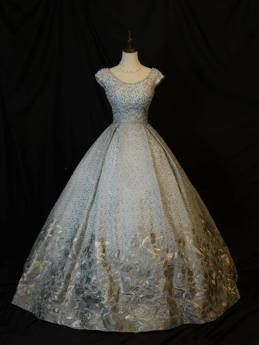 Pretty Ball Gown Boat Neck Sequined Silver Gray With Beading Long 15 Quinceanera Dresses Photo Ideas Formal Outfit RB6026