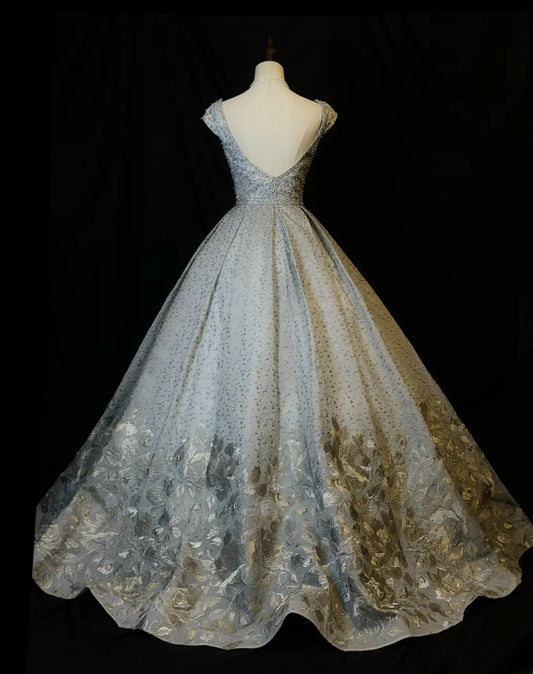 Pretty Ball Gown Boat Neck Sequined Silver Gray With Beading Long 15 Quinceanera Dresses Photo Ideas Formal Outfit RB6026
