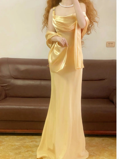 Elegant Mermaid Spaghetti Straps Yellow Satin Prom Dress With Scarf For Women Evening Party Gown RB9149