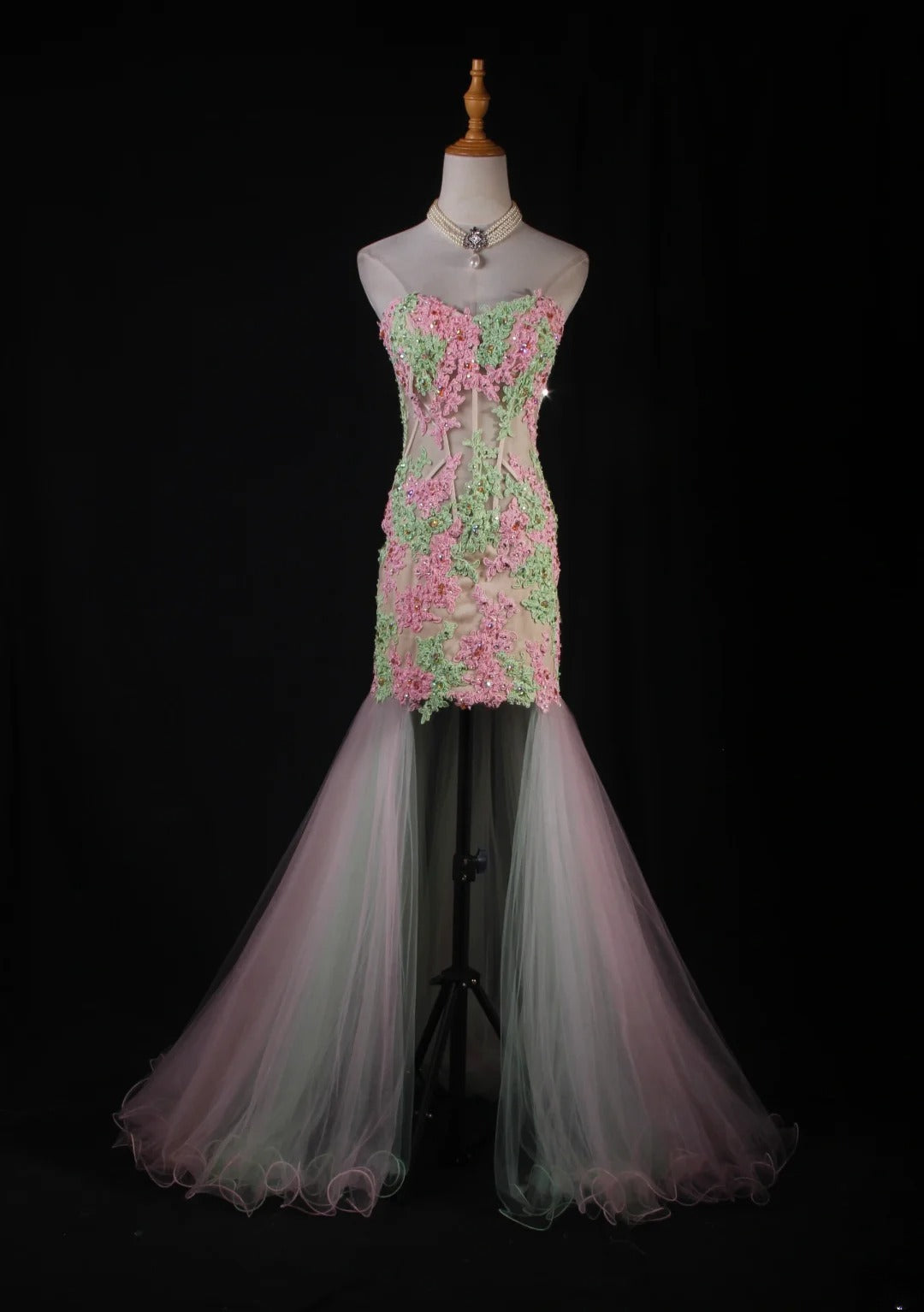 Robe de bal longue de soirée style sirène vintage années 1950 en tulle rose avec appliques, AS229