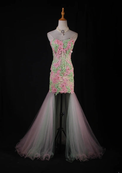 Robe de bal longue de soirée style sirène vintage années 1950 en tulle rose avec appliques, AS229