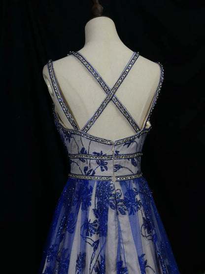 Beautiful Prom Dresses A line Spaghetti Straps Royal Blue Lace With Beading Long Formal Outfits RB6027