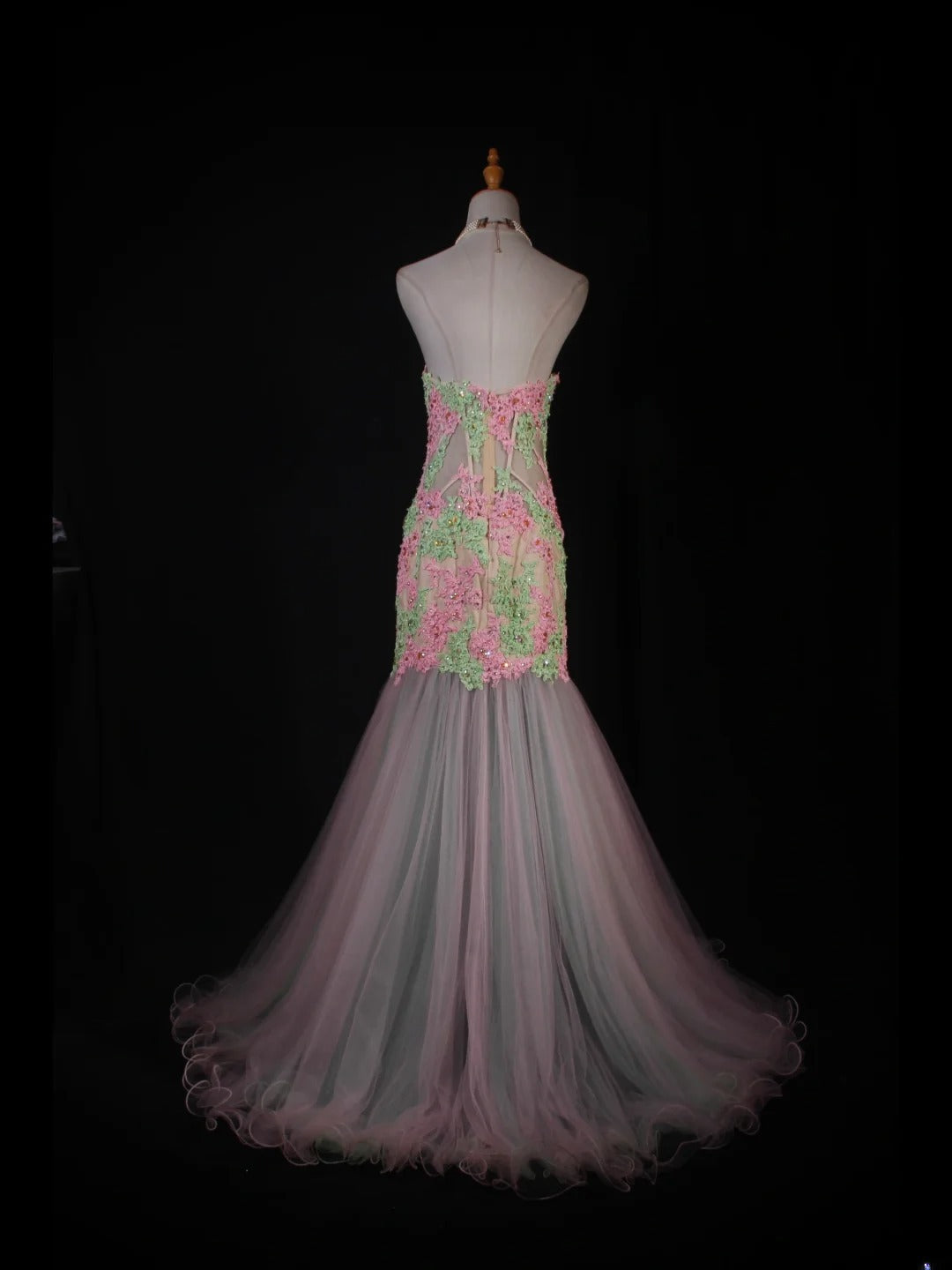 Robe de bal longue de soirée style sirène vintage années 1950 en tulle rose avec appliques, AS229