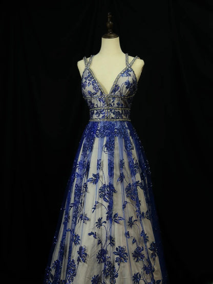 Beautiful Prom Dresses A line Spaghetti Straps Royal Blue Lace With Beading Long Formal Outfits RB6027