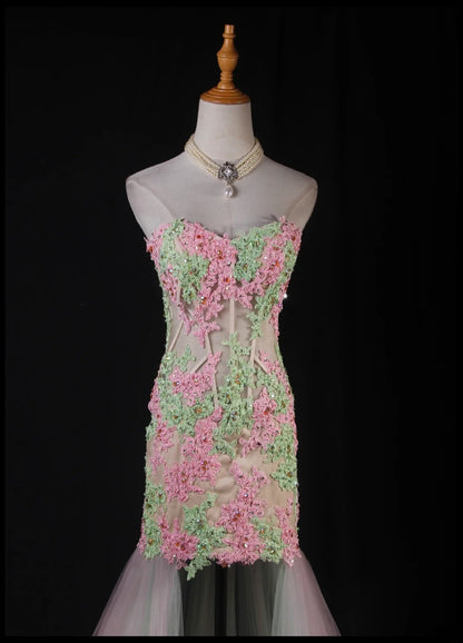 Robe de bal longue de soirée style sirène vintage années 1950 en tulle rose avec appliques, AS229