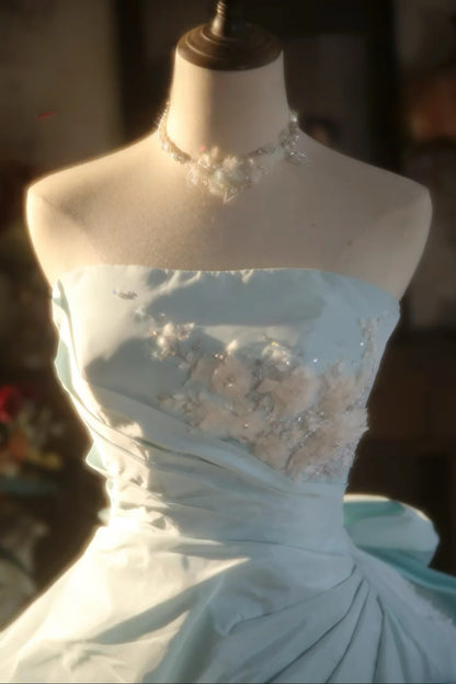 3D Floral Flowers Strapless Light Blue Tulle Quinceanera Dress Ball Gown Sweet 15 Gown RB9150