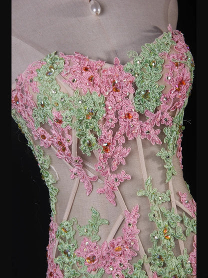 Robe de bal longue de soirée style sirène vintage années 1950 en tulle rose avec appliques, AS229