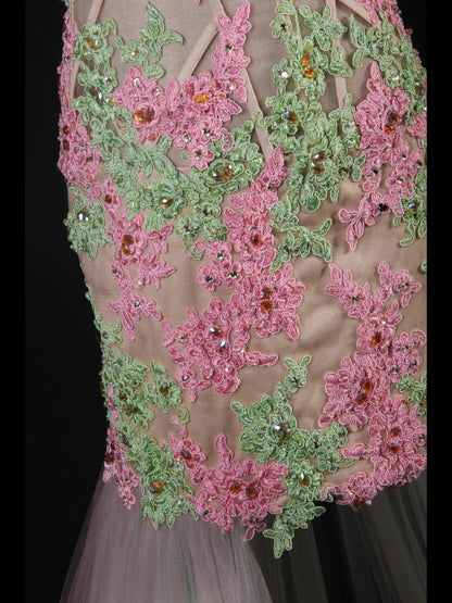 Robe de bal longue de soirée style sirène vintage années 1950 en tulle rose avec appliques, AS229