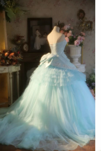 3D Floral Flowers Strapless Light Blue Tulle Quinceanera Dress Ball Gown Sweet 15 Gown RB9150