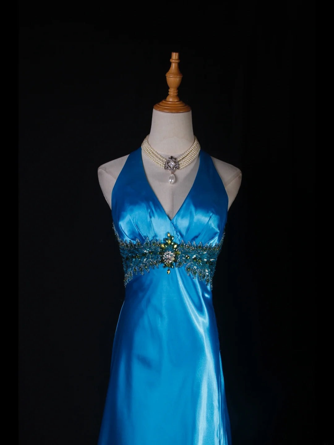 Robe de bal vintage années 1950, coupe trapèze, dos nu, satin bleu, longue, élégante, AS230