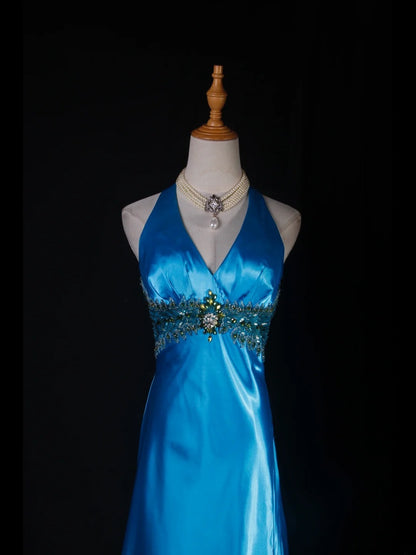 Robe de bal vintage années 1950, coupe trapèze, dos nu, satin bleu, longue, élégante, AS230