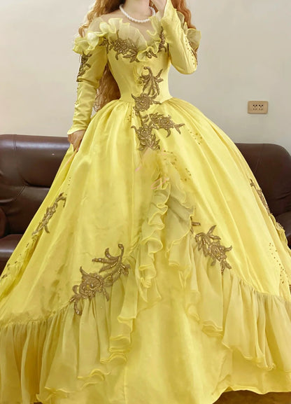 Yellow Off The Shoulder Chiffon With Long Sleeves Quinceanera Dress Ball Gown Sweet 15 Gown RB9151