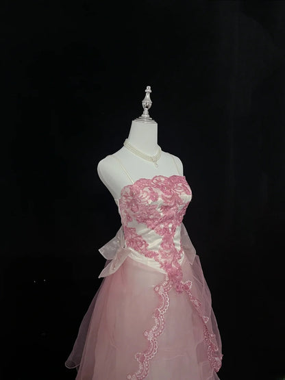 Beautiful A line Spaghetti Straps Pink With Tiered Layers Lace Prom Dress Formal Outfits Evening Night Dresses RB7630