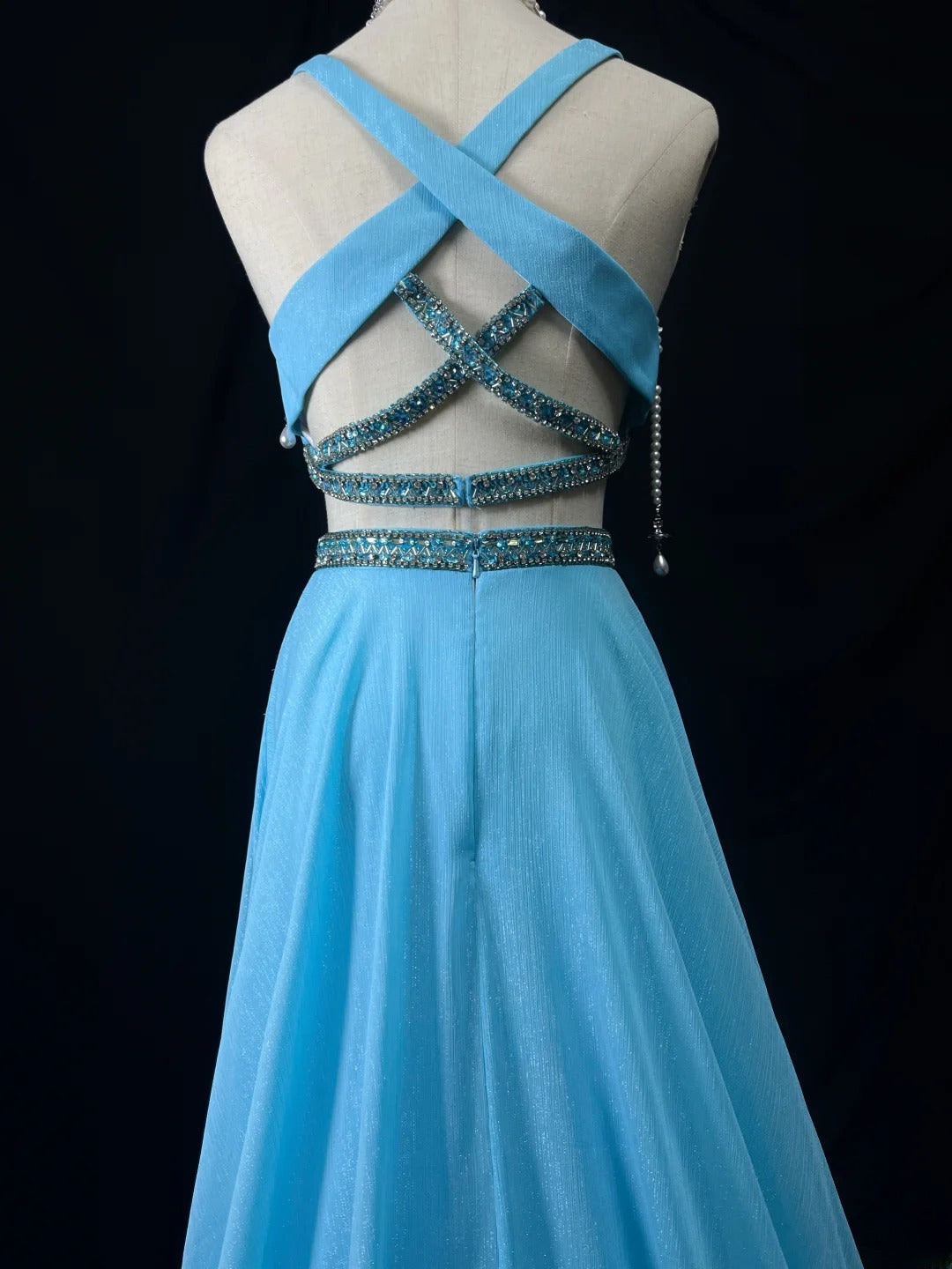 Vintage 90s Prom Dresses A Line V Neck Blue Chiffon With Beads Long Party Gown Formal Outfits RB6028