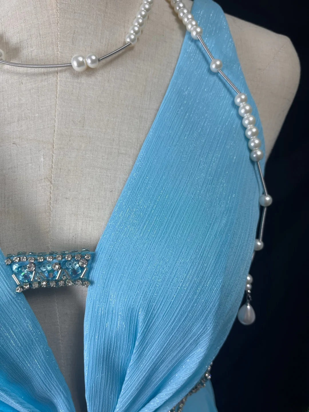 Vintage 90s Prom Dresses A Line V Neck Blue Chiffon With Beads Long Party Gown Formal Outfits RB6028