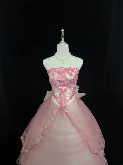 Beautiful A line Spaghetti Straps Pink With Tiered Layers Lace Prom Dress Formal Outfits Evening Night Dresses RB7630