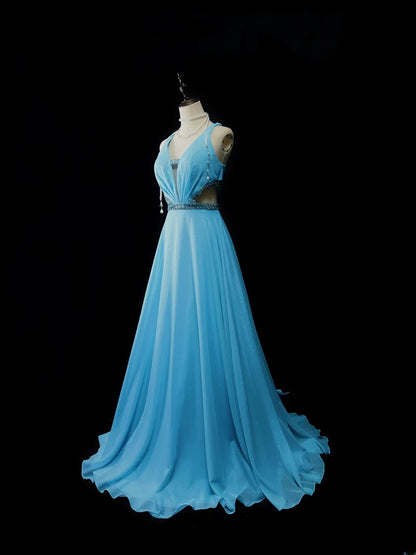 Vintage 90s Prom Dresses A Line V Neck Blue Chiffon With Beads Long Party Gown Formal Outfits RB6028