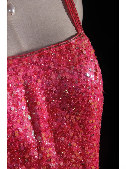 Robe de bal vintage rose à bretelles spaghetti, dos nu, longue et élégante, style années 50, AS231