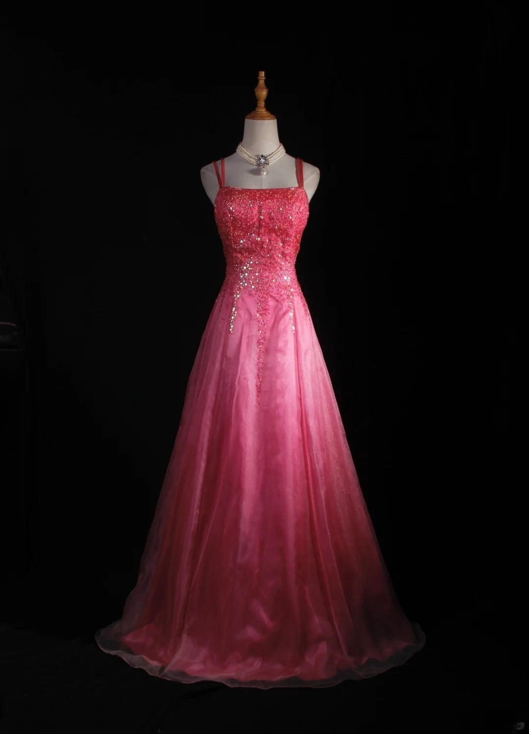 Robe de bal vintage rose à bretelles spaghetti, dos nu, longue et élégante, style années 50, AS231