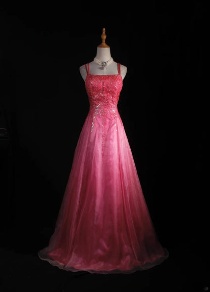 Robe de bal vintage rose à bretelles spaghetti, dos nu, longue et élégante, style années 50, AS231
