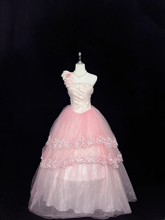 Dreamy Ball Gowns One Shoulder Pink With Tiered Layers Flowers Long Prom Dresses Senior Puffy Sweet 16 Sixteen Outfit Vestido de 15 RB7631