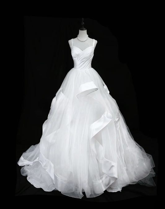 Pretty Ball Gown Straps White Tulle With Ruffled Long 15 Quinceanera Dresses Photo Ideas Formal Outfit RB6030