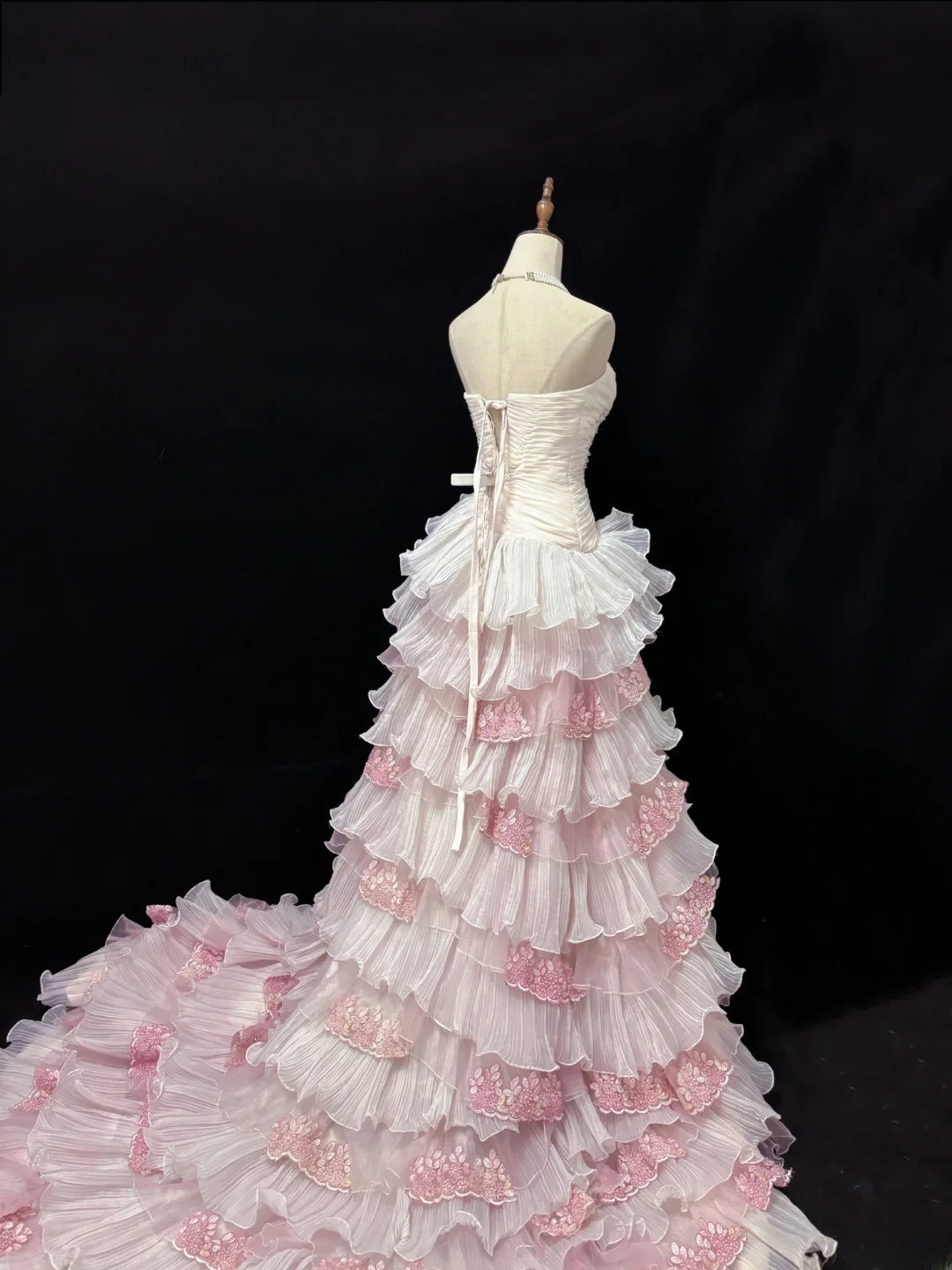 Beautiful Ball Gown Sweetheart Pink With Tiered Layers Lace Prom Dress Formal Outfits Evening Night Dresses RB7632
